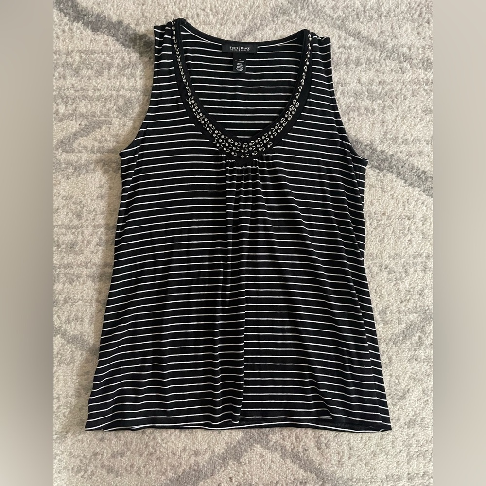 White House Black Market Women’s Striped Shirt with Beaded Neckline